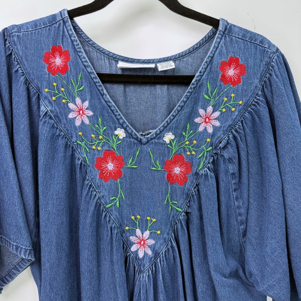 Country Store Denim Floral Embroidered Dress Womens 1X Flowy Boho Cottagecore - Picture 4 of 11